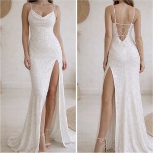 Sophia Thomas White Sequin Maxi Gown Open Back Prom Dress